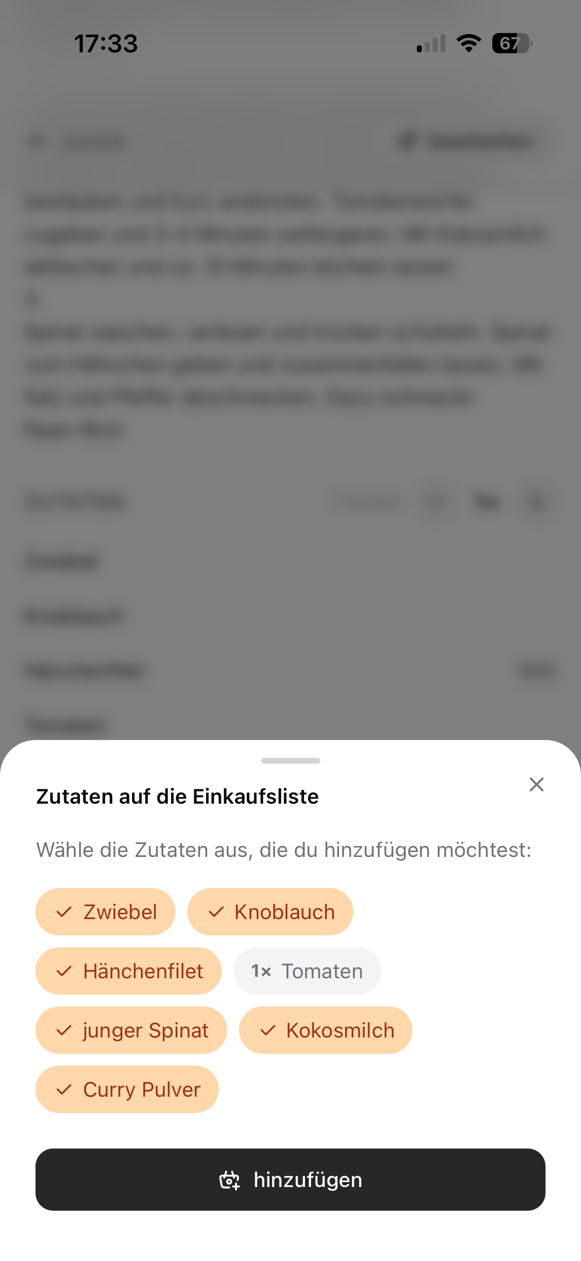 App screenshot Rezpetauswahl