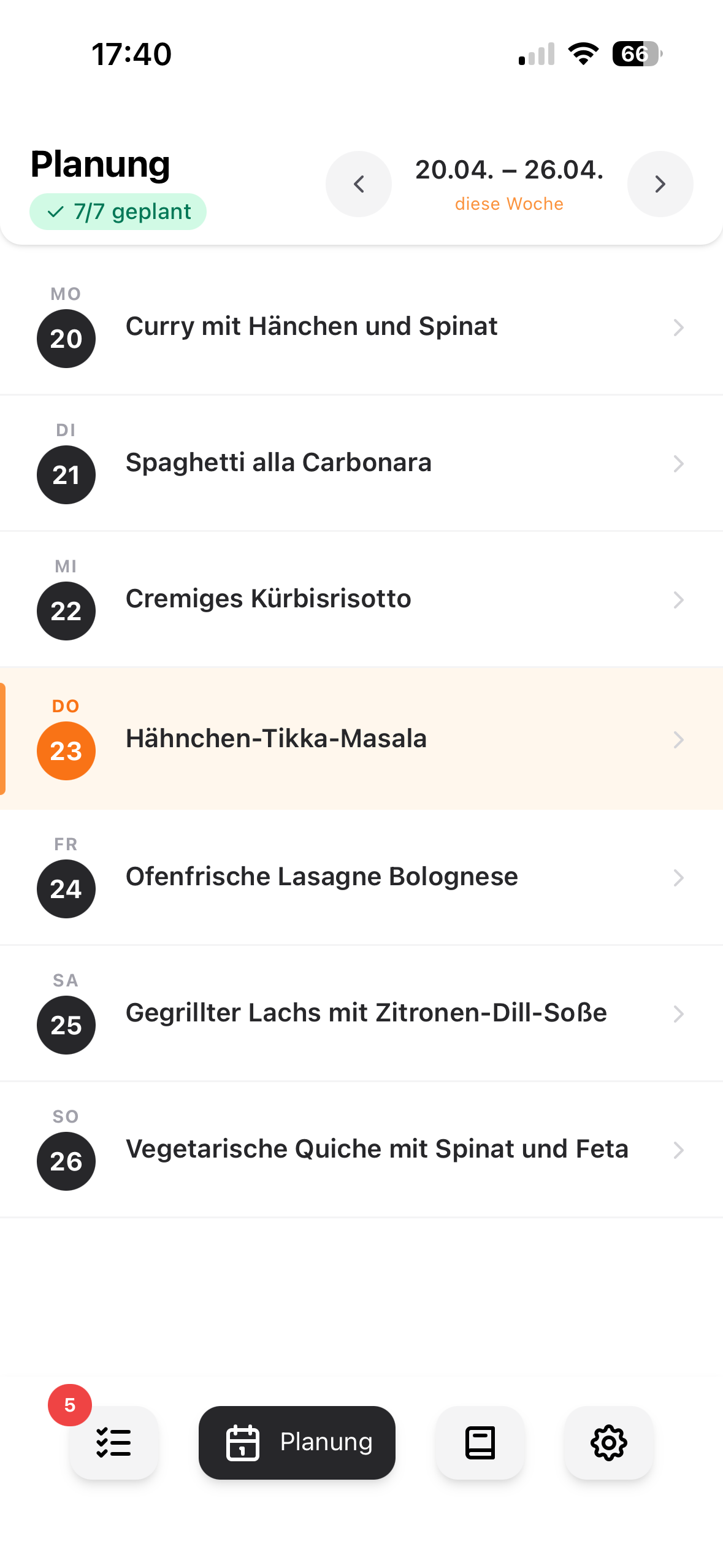 App screenshot Essensplanung