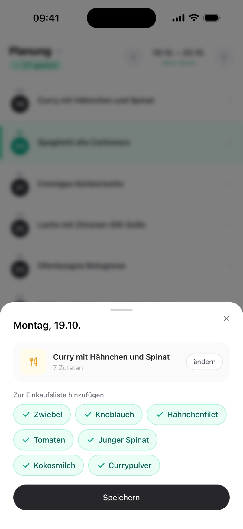Zutaten aus dem Plan auf die Liste übernehmen