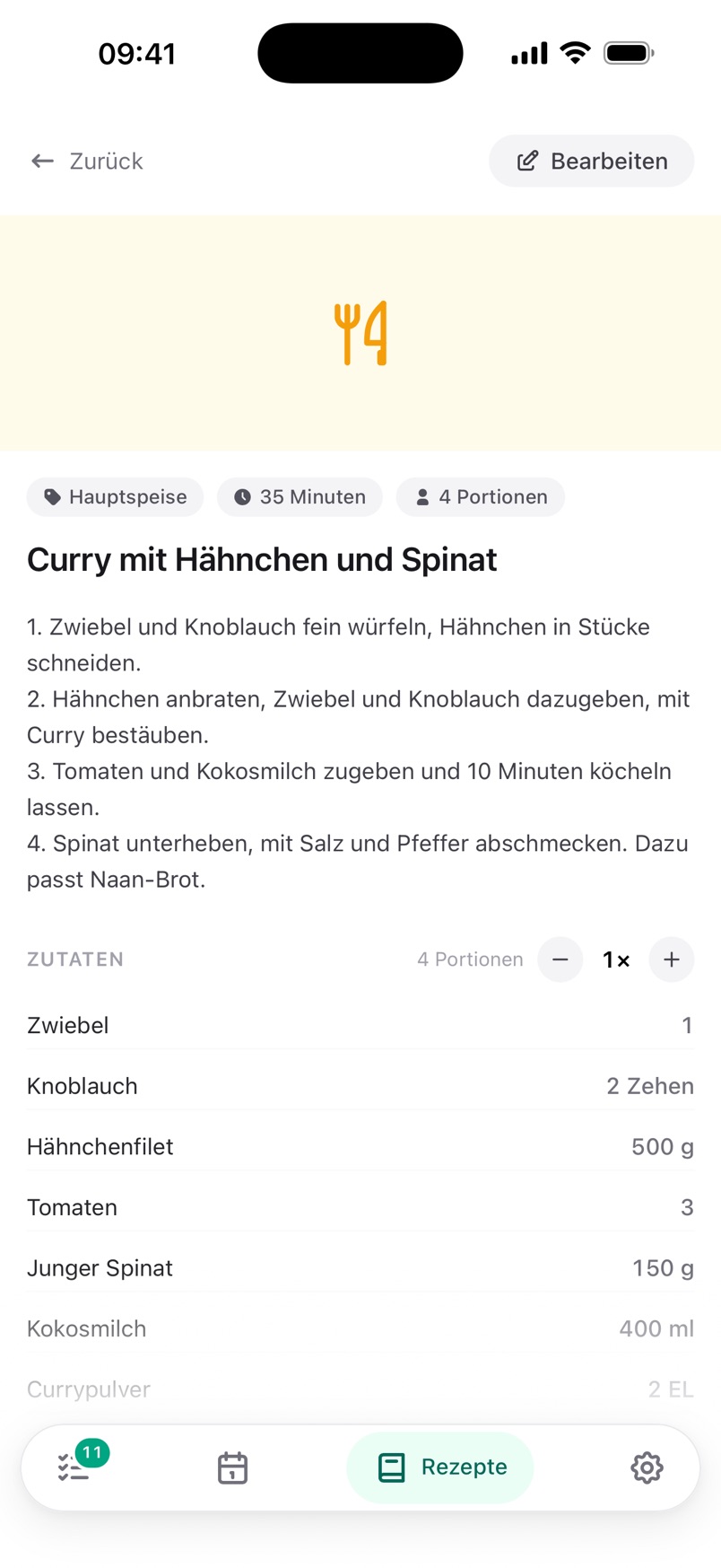 Rezept mit Zutaten und Portionen